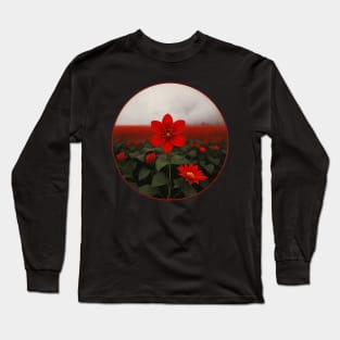 Field of Red Flowers in a Misty Field Long Sleeve T-Shirt